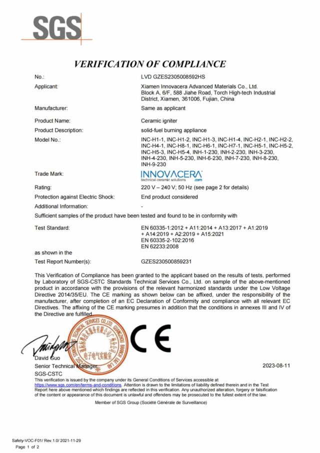 Igniter CE certification Certificate LVD GZES2305008592HS